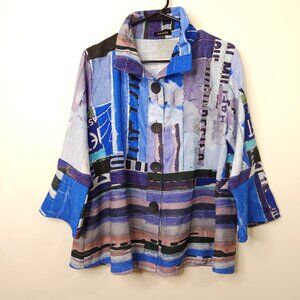 Damee Blue Purple Abstract Print Lightweight Jacket Lagenlook Stand Up Collar XL